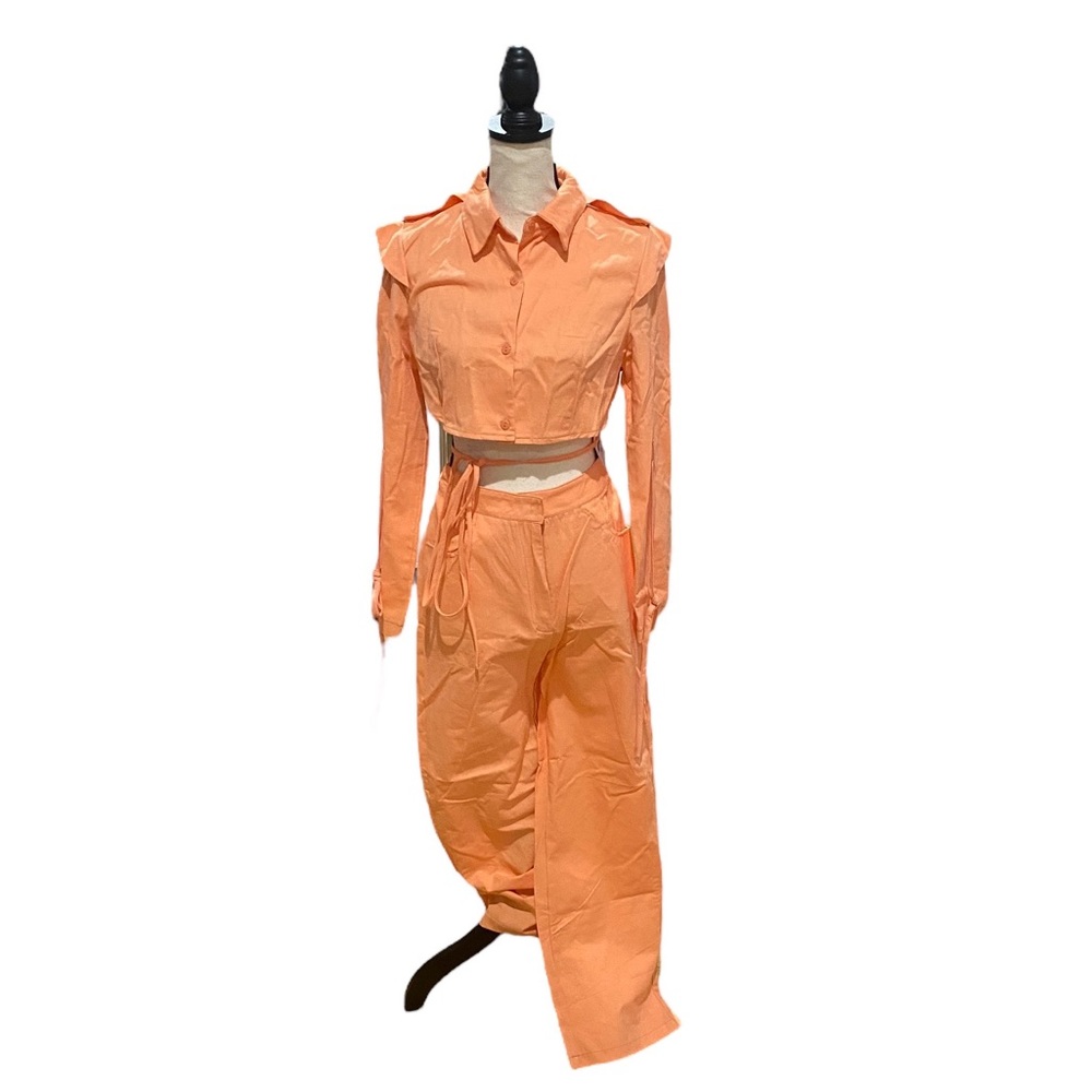 Cropped Blazer Top and Tie High Waist Pants Set - Picture 1 of 2